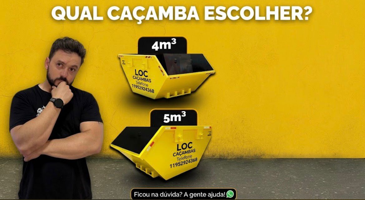 Homem pensando ao lado de caçambas da LOC Caçambas com os tamanhos 4 m³ e 5 m³