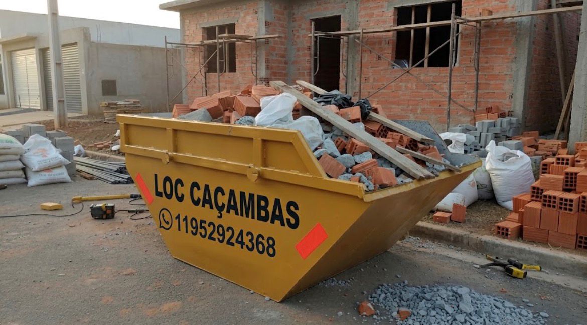Caçamba amarela da LOC Caçambas cheia de entulho em frente a uma obra